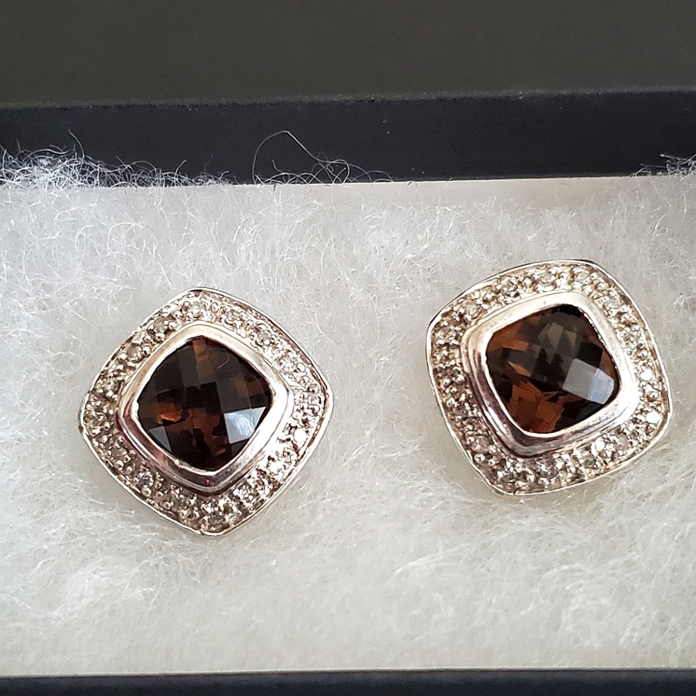 Sadye L Vassil 925 Silver 14K Gold Smoky Quartz & Diamond Stud Earrings